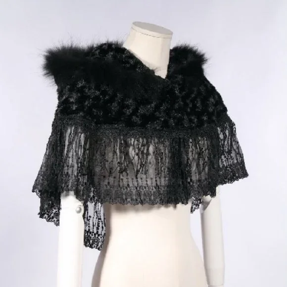 Gothic Lolita Steampunk Victorian Adorable Plush Fur & Lace Black Hooded Cape OS - Picture 4 of 11